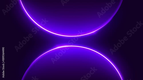 Abstract futuristic background with glowing purple neon curved lines on dark surface. Smooth light arcs forming modern digital wave pattern. Perfect for technology, sci-fi, intro, presentations