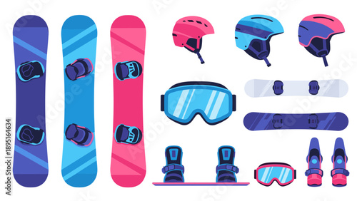 Colorful flat design snowboarding gear set with helmets, goggles, and boots