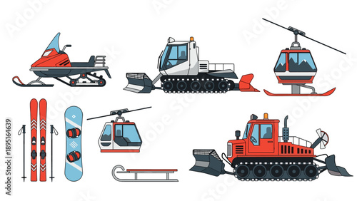 Winter adventure equipment: snowmobiles, ski gear, snowplows, and cable cars in flat art