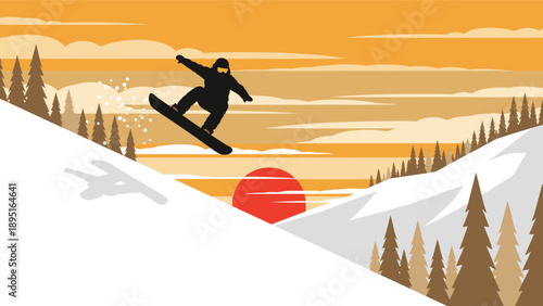 Snowboarder silhouette soaring at sunset in mountain landscape