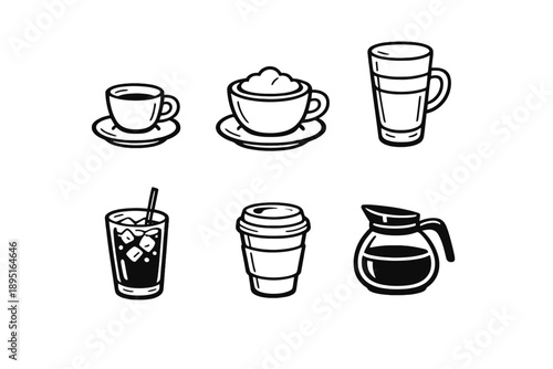 Beverage icon set. Featuring cup, coffee, tea, glass, soda, milk, cream, espresso, drink, mug, latte, bottle, smoothie, cafe, refreshment, beverage
