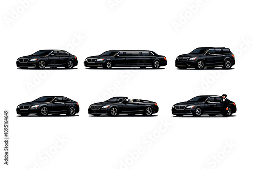 Vehicle and transportation icon set. Including car, truck, limousine, convertible, motorcycle, and taxi.