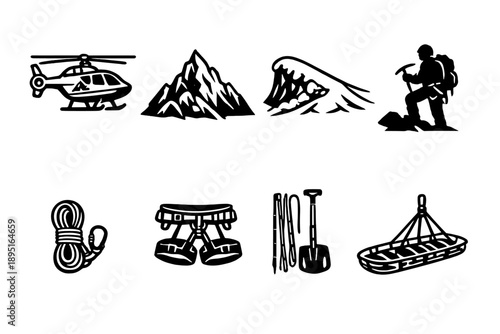 Adventure and outdoor icons set. Containing helicopter, mountain, wave, climber, rope, gear, paddle, raft and more.
