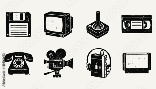 Vintage 80s and 90s Gadgets Grunge Linocut Set