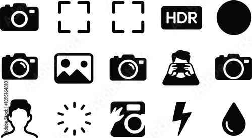 A comprehensive set of fifteen black silhouette icons representing camera settings and photo options