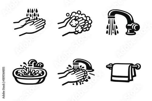 Hygiene and sanitation icon set. Containing washing, hands, soap, water, faucet, towel, cleanliness, hygiene, basin and more.