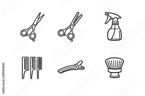 Hairdressing and grooming icon set. Including scissors, combs, spray, razor, clippers, and accessories.