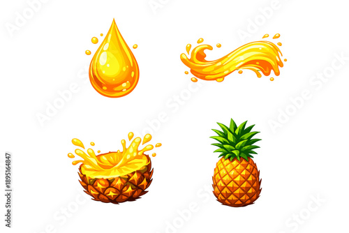 Fruit and juice icon set. Containing pineapple, splash, drop, palm, tropical, sweet, beverage, refreshment and more.