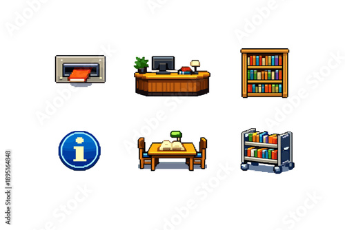 Library and Information Icons Set. Featuring desk, bookshelf, information, printer, table, loans, access, reading and more.