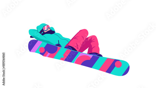 Colorful winter sport: relaxed snowboarder in bright gear on abstract board