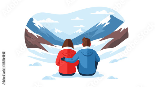 Winter mountain adventure: couple enjoying beautiful snowy landscape