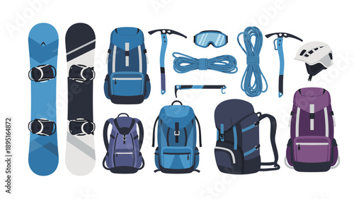 Essential winter sports equipment with snowboard, backpack, and climbing gear in modern flat design