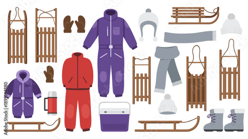 Winter gear collection with sleds, snowsuits, and accessories in flat design