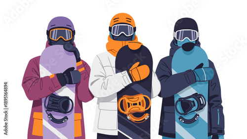 Group of colorful snowboarders in winter gear holding snowboards
