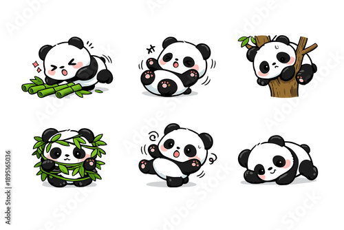 Panda Icon Set. Containing bamboo, play, tree, cute, wildlife, animal, nature, black, white, rolling, happy, forest, smiling, adorable, fun, cuddly,