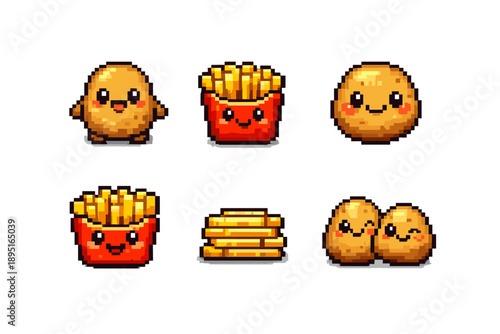 Food and snack icon set. Containing fries, potato, burger, sweets, chips, dessert, cupcake, pastry and more.