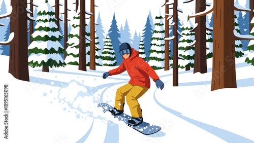 Winter adventure: snowboarder gliding through snowy forest landscape