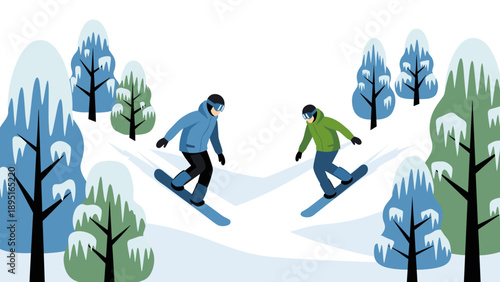 Winter adventure: snowboarders gliding through snowy forest in flat design