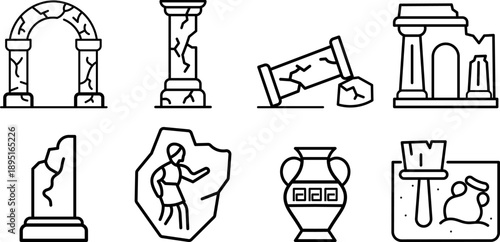 Archaeology Ruins Stroke Icon Collection. Containing Ancient Arches, Columns, Statues, Pottery, Artifacts and Broken Relics. Editable Outline Icon Set.