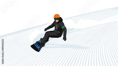 Snowboarder carving through fresh powder on a crisp winter day