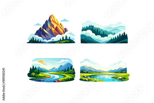 Nature icons set. Featuring mountains, rivers, forests, landscapes, sun, clouds, lakes, and valleys.