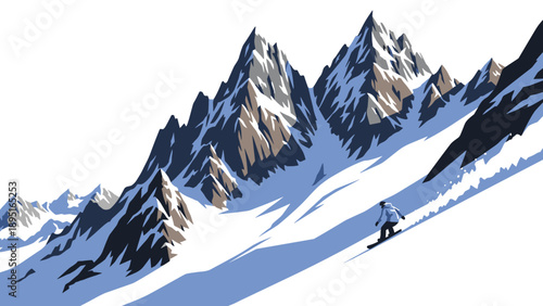 Snowboarder descending majestic snow-capped mountains in vibrant minimalist art