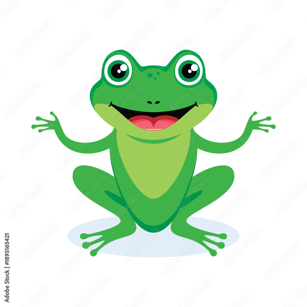 Fototapeta premium Cute green happy frog cartoon icon isolated on a white background. Happy smiling green frog vector illustration. Template for background, banner, card