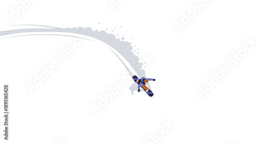 Snowboarder in action on snowy slope with dynamic motion trail in minimalist style