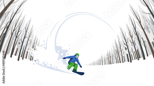 Snowboarding adventure in winter forest: dynamic flat art design