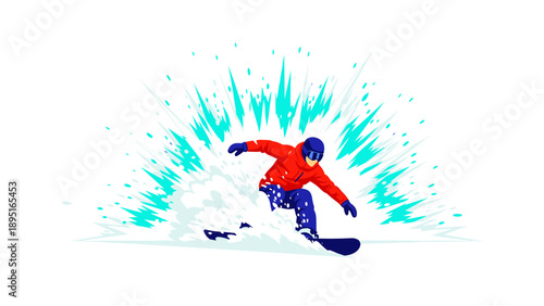 Snowboarder in red jacket carving through fresh powder with blue splashes