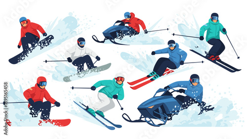 Dynamic winter sports enthusiasts skiing and snowmobiling in vibrant action scenes