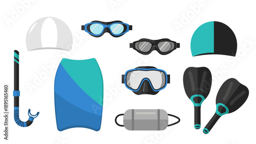 Essential gear for swimming and snorkeling: modern flat design with blue and black color palette