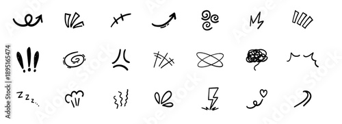 Expressions movement simple doodle hand drawn set. Comic manga effect motion. Expression shapes, anime for character emotion.