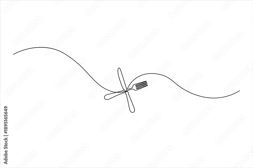 Obraz premium Minimalist continuous line drawing of crossed knife and fork. Perfect for restaurant branding, cafe menus, catering services, and dining decor.