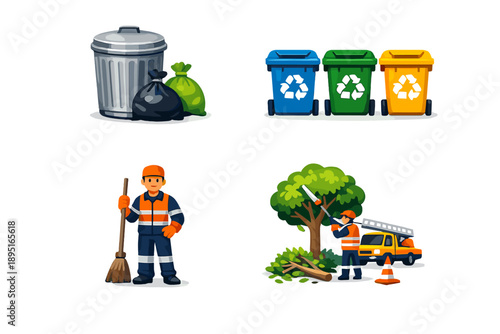 Waste Management and Recycling Icon Set. Featuring trash, recycling, bins, cleanup, environment, nature, collection, and more.