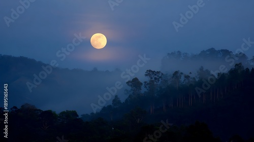 Mysterious full moon shining brightly through the dark, misty forest and over dark hills at night.