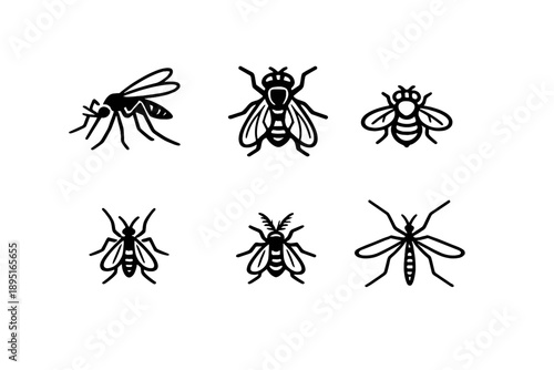 Insect and bug icon set. Containing bee, wasp, fly, ant, ladybug, butterfly, beetle, mosquito, insect, swarm.