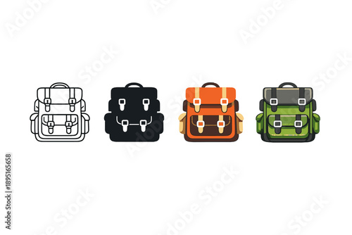 Bag and backpack icon set. Containing luggage, travel, storage, gear, pack, satchel, case, tote, pouch, sack, rucksack, briefcase, handbag, holdall,