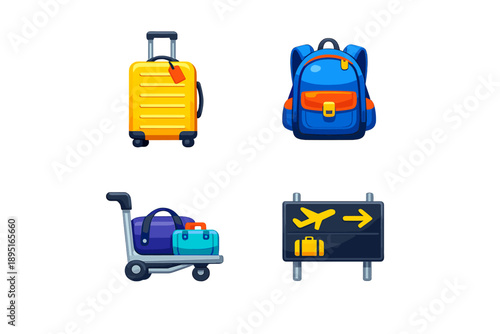 Travel and luggage icon set. Containing suitcase, backpack, baggage, airport, travel, luggage cart, ticket, passport and more.