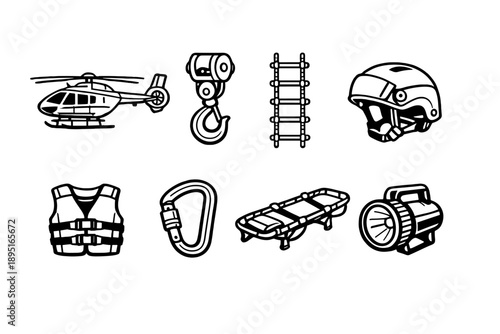 Rescue and emergency icon set. Featuring helicopter, hook, ladder, helmet, vest, carabiner, stretcher, spotlight.
