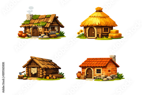 Home and building icons set. Featuring cottage, farmhouse, cabin, hut, architecture, structure, roof, door, window, garden, landscape, wood, brick,