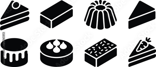 A delightful set of black silhouette icons featuring various cakes and dessert pastries