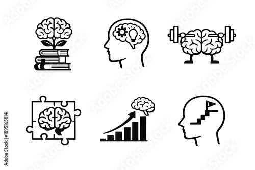Mind and brain icons set. Featuring intelligence, education, growth, creativity, strength, improvement, problem-solving, vision and more.