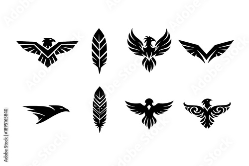 Bird and eagle icons set. Featuring falcon, feather, hawk, talon, flight, wings, avian, raptor, soar and more.
