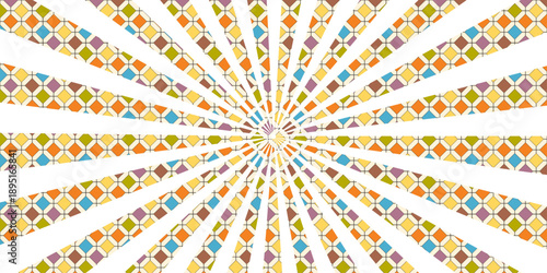 An abstract vector background features a colorful pattern of circles and stars in a bright rainbow burst, creating a psychedelic texture with light rays and swirls for an artistic wallpaper design