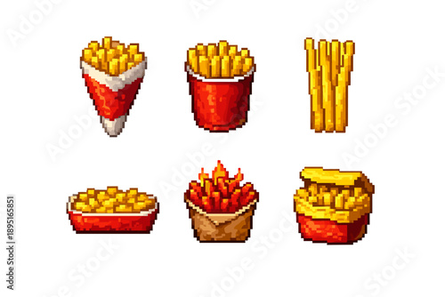 Food and Snack Icon Set. Containing fries, potatoes, fast-food, crispy, basket, snack, meal, junk, side, gourmet, box, portion, restaurant, takeout,