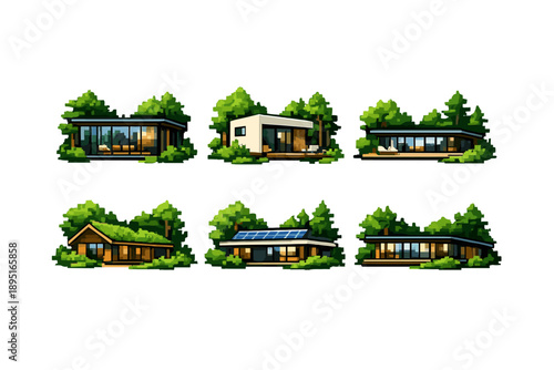 Real Estate and Architecture Icons Set: Home, Building, House, Structure, Design, Property, Residence, Modern, Eco-Friendly, Landscape