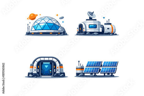 Space Exploration Icon Set. Featuring dome, satellite, habitat, rover, solar, station, launch, asteroids, planets, and more.