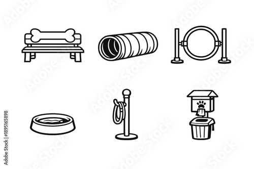 Pet Care and Training Icon Set. Containing leash, bowl, toy, agility, crate, grooming, park, training and more.