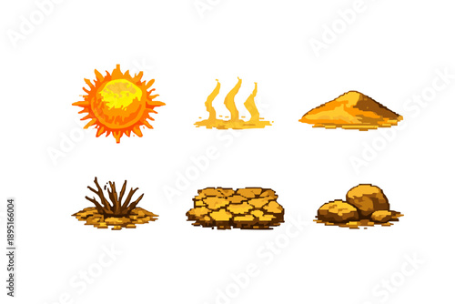 Desert Elements Icon Set. Featuring sun, sand, dune, rock, shrub, and heat.